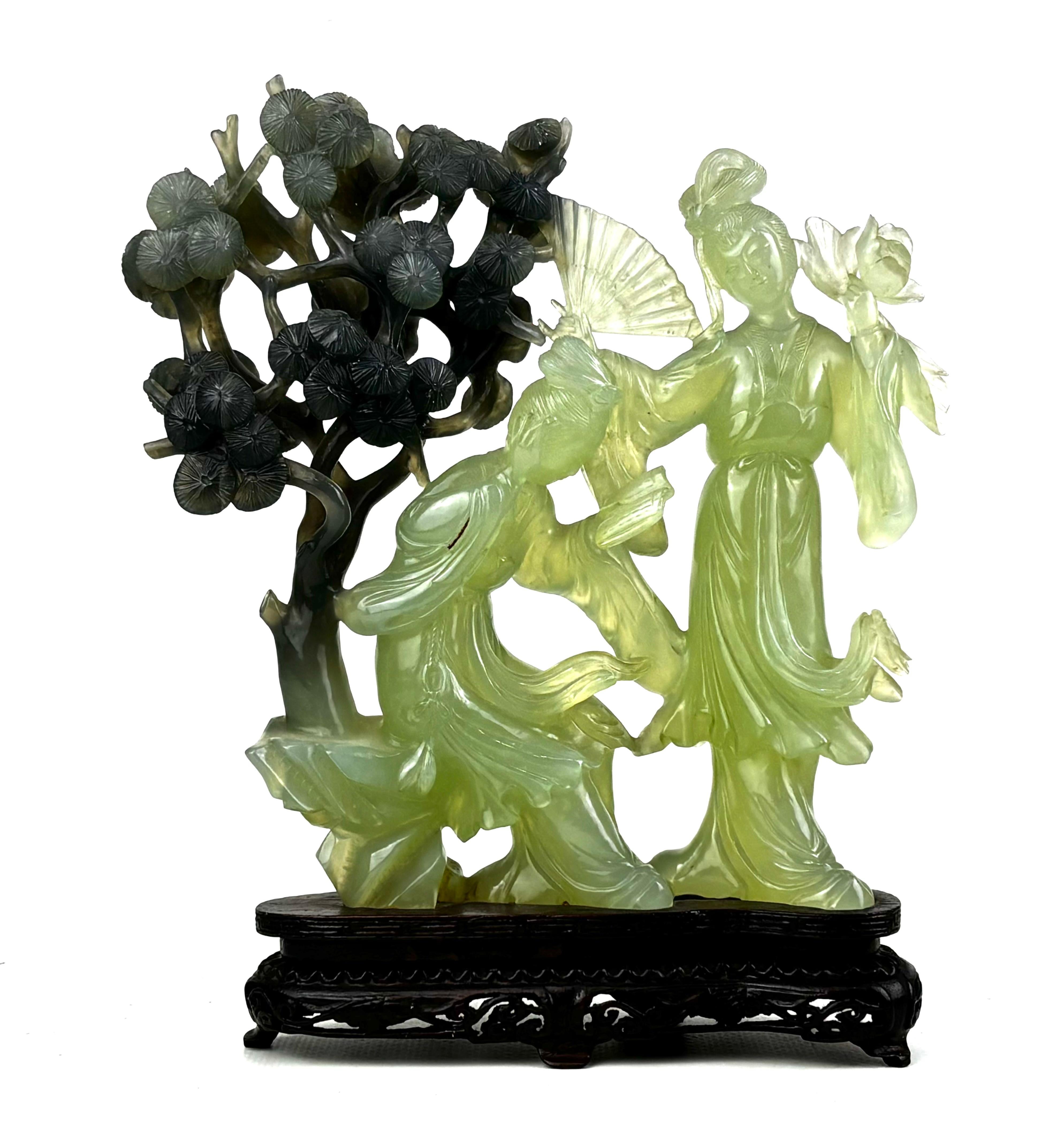 Unknown Figurative Sculpture - Oriental Jade Sculpture of Two Court Ladies with Tree – Mid-20th Century