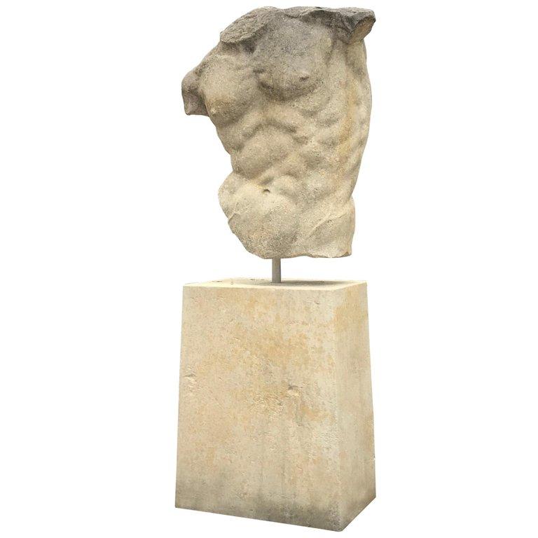 Outdoor Italian Stone Sculpture of Classical Torso with Base For Sale 10
