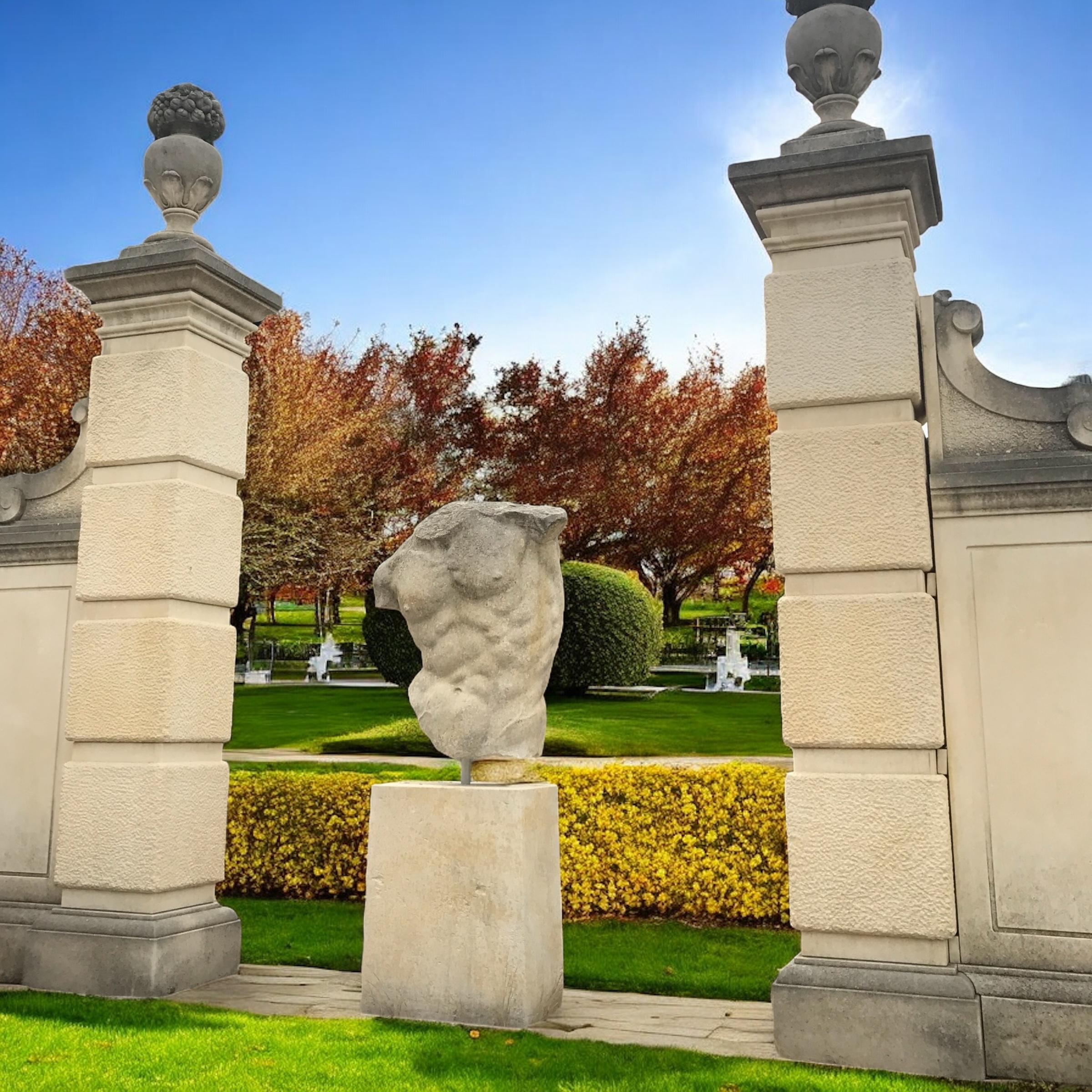 Outdoor Italian Stone Sculpture of Classical Torso with Base For Sale 11