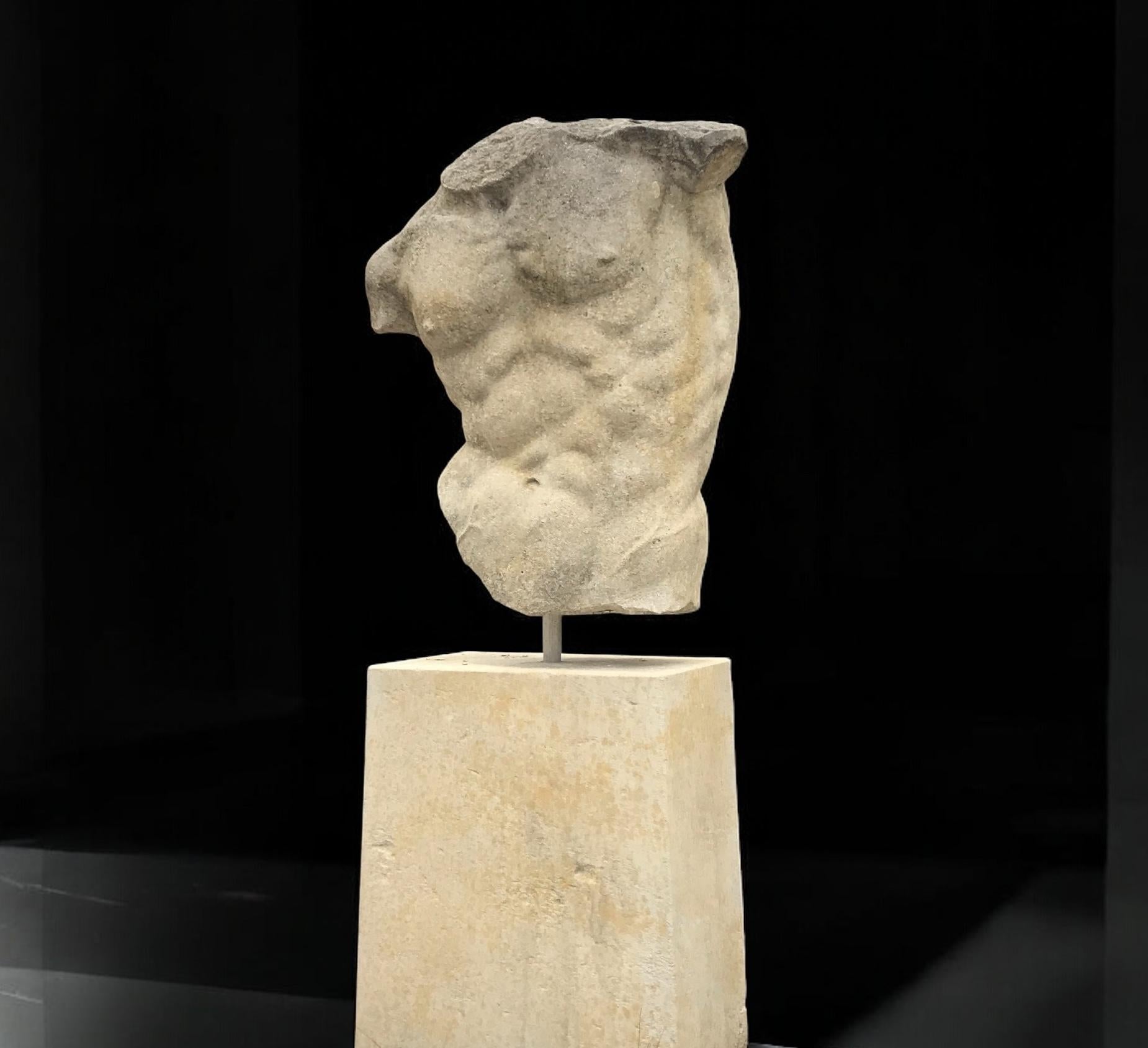 Outdoor Italian Stone Sculpture of Classical Torso with Base - Brown Nude Sculpture by Unknown