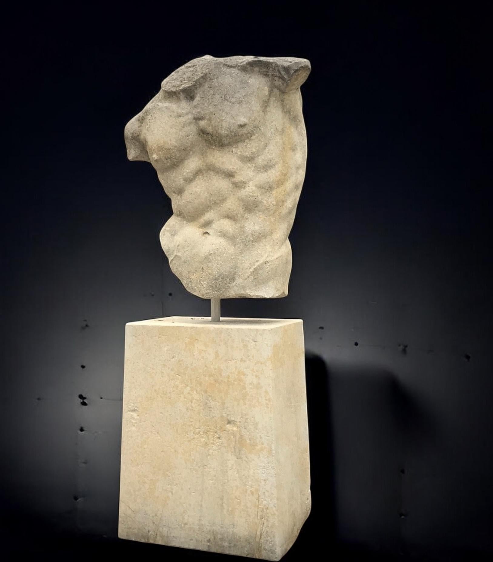 Outdoor Italian Stone Sculpture of Classical Torso with Base For Sale 3