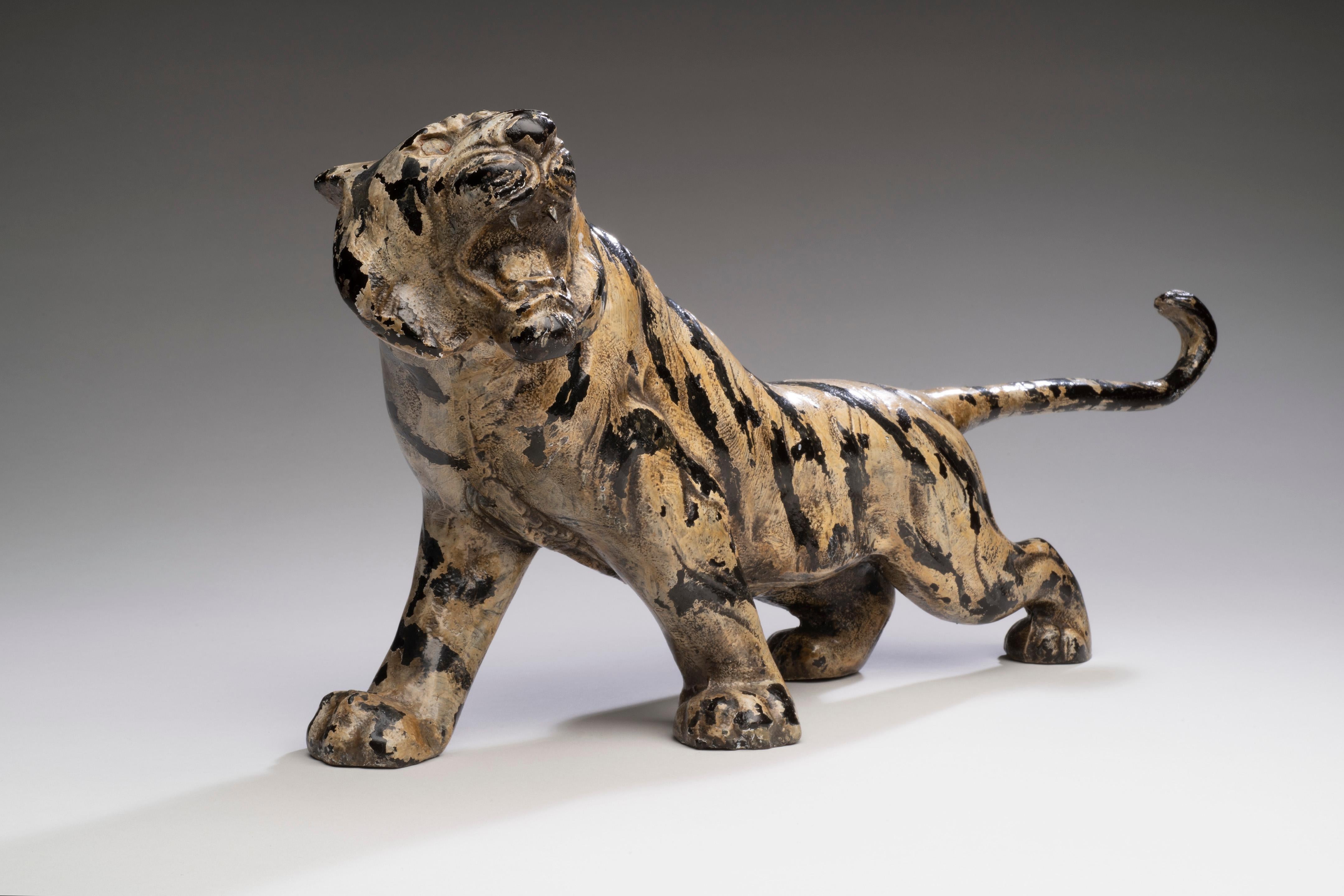 Unknown Figurative Sculpture - Painted Cast-Metal Tiger circa  1900