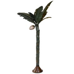 Vintage Painted Metal Sculpture of Palm or Banana Tree and Flower