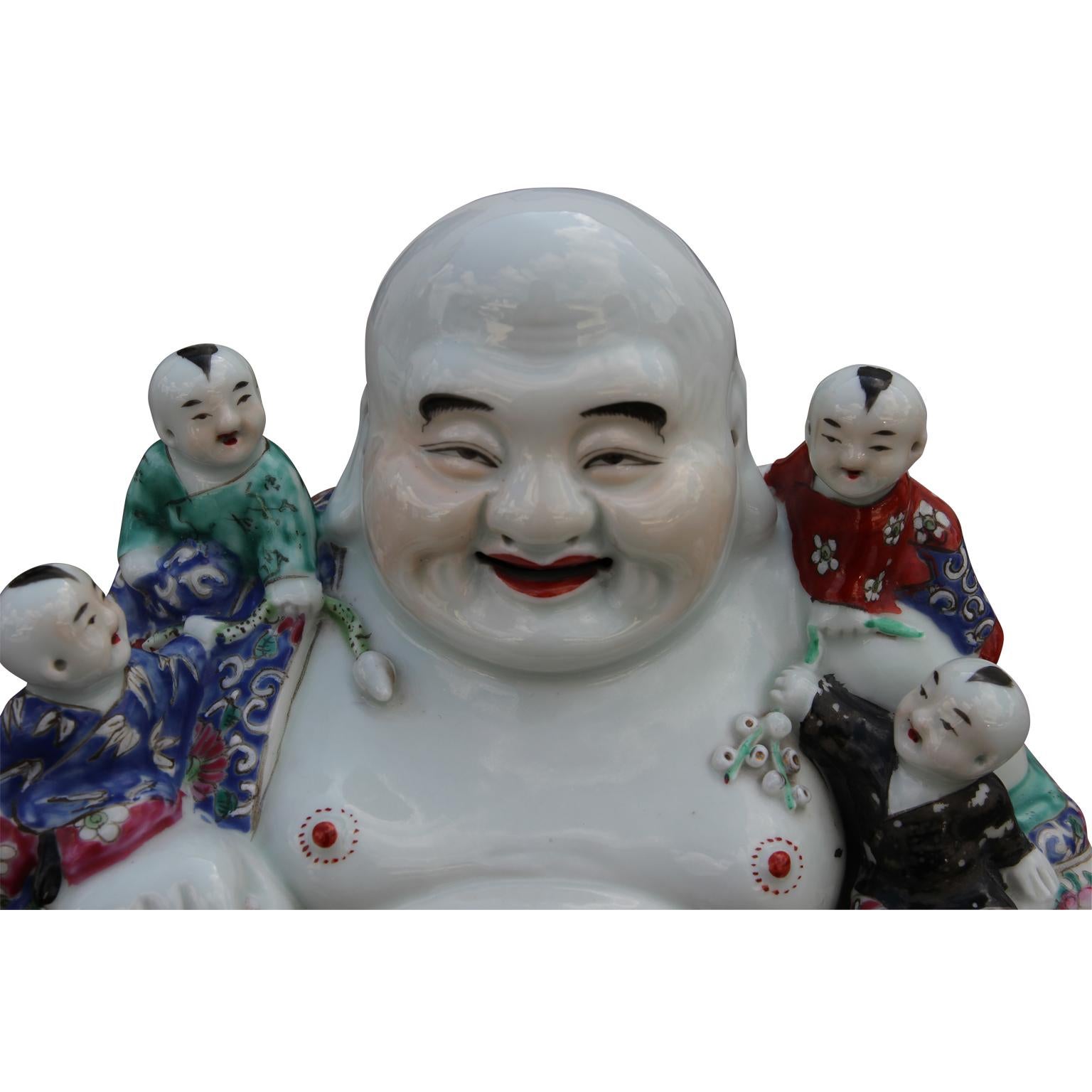 Painted Porcelain Chinese Hotei Buddha with Children - Sculpture by Unknown