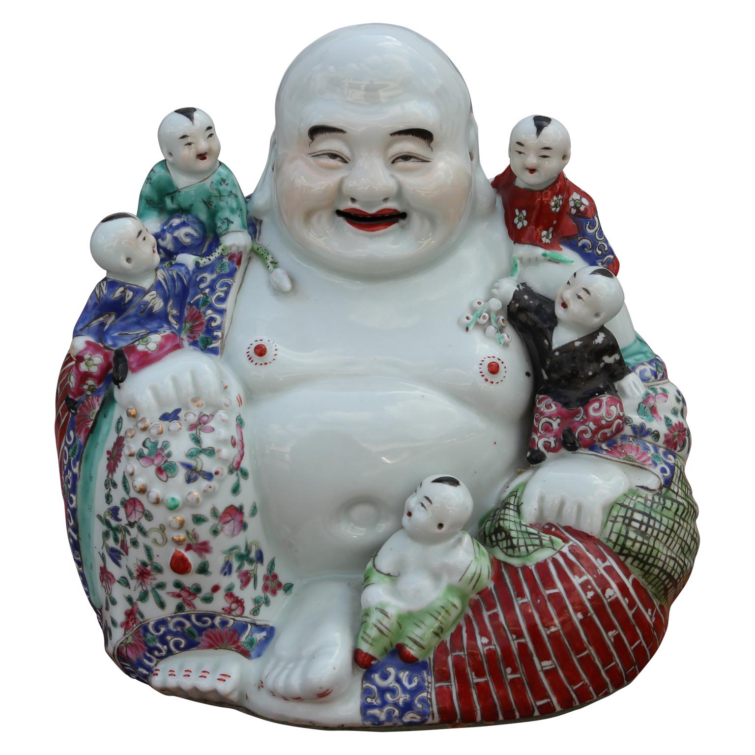 Unknown Figurative Sculpture - Painted Porcelain Chinese Hotei Buddha with Children