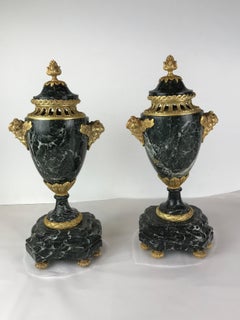 Pair French Baroque Style Gilded Bronze With Green Marble Urn Garniture 