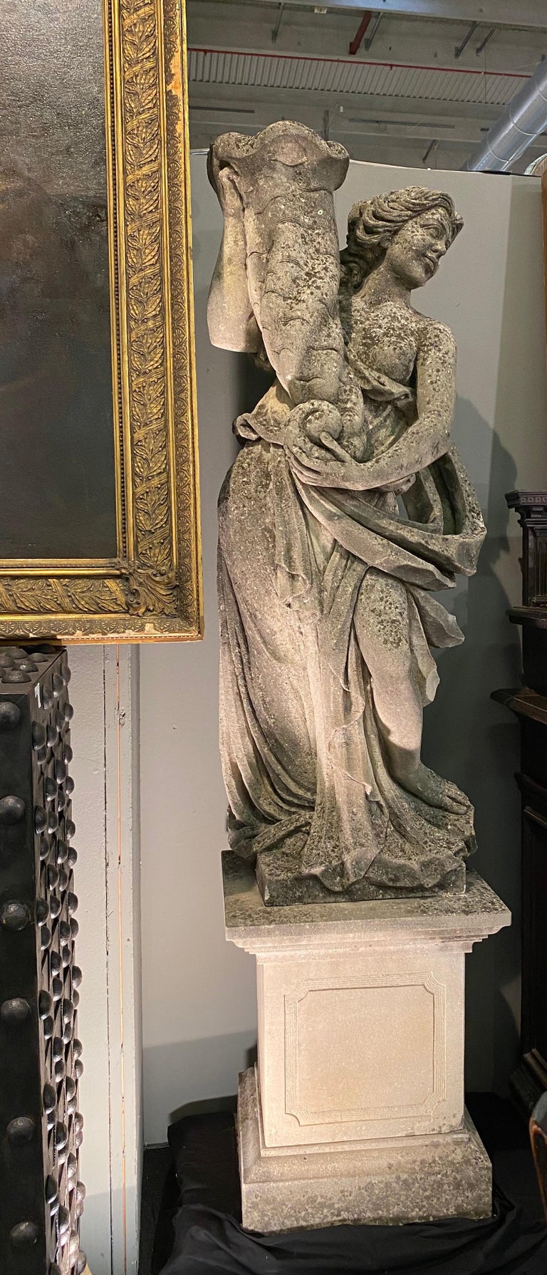 Unknown Pair Italian Limestone Garden Sculptures with Cornucopia For