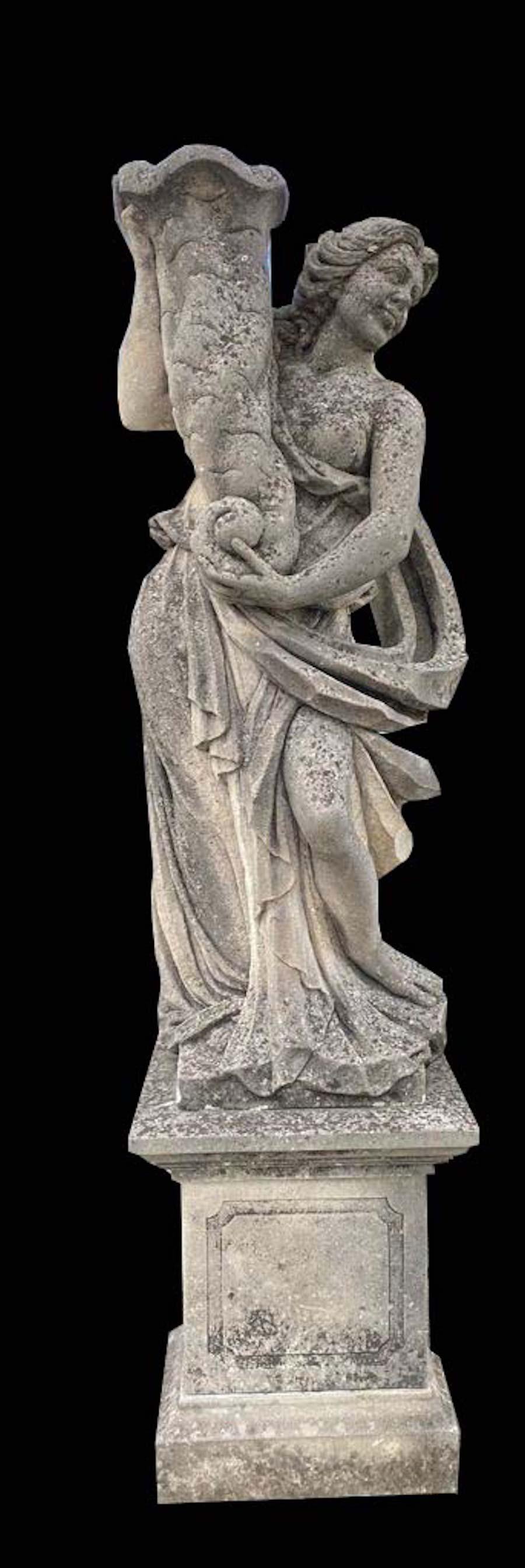 Finely carved mythological subject in limestone with Cornucopia associated with the harvest, prosperity, or spiritual abundance. Excellent condition from an estate of Veneto.

Measurements: Statue cm 160, base cm 70.