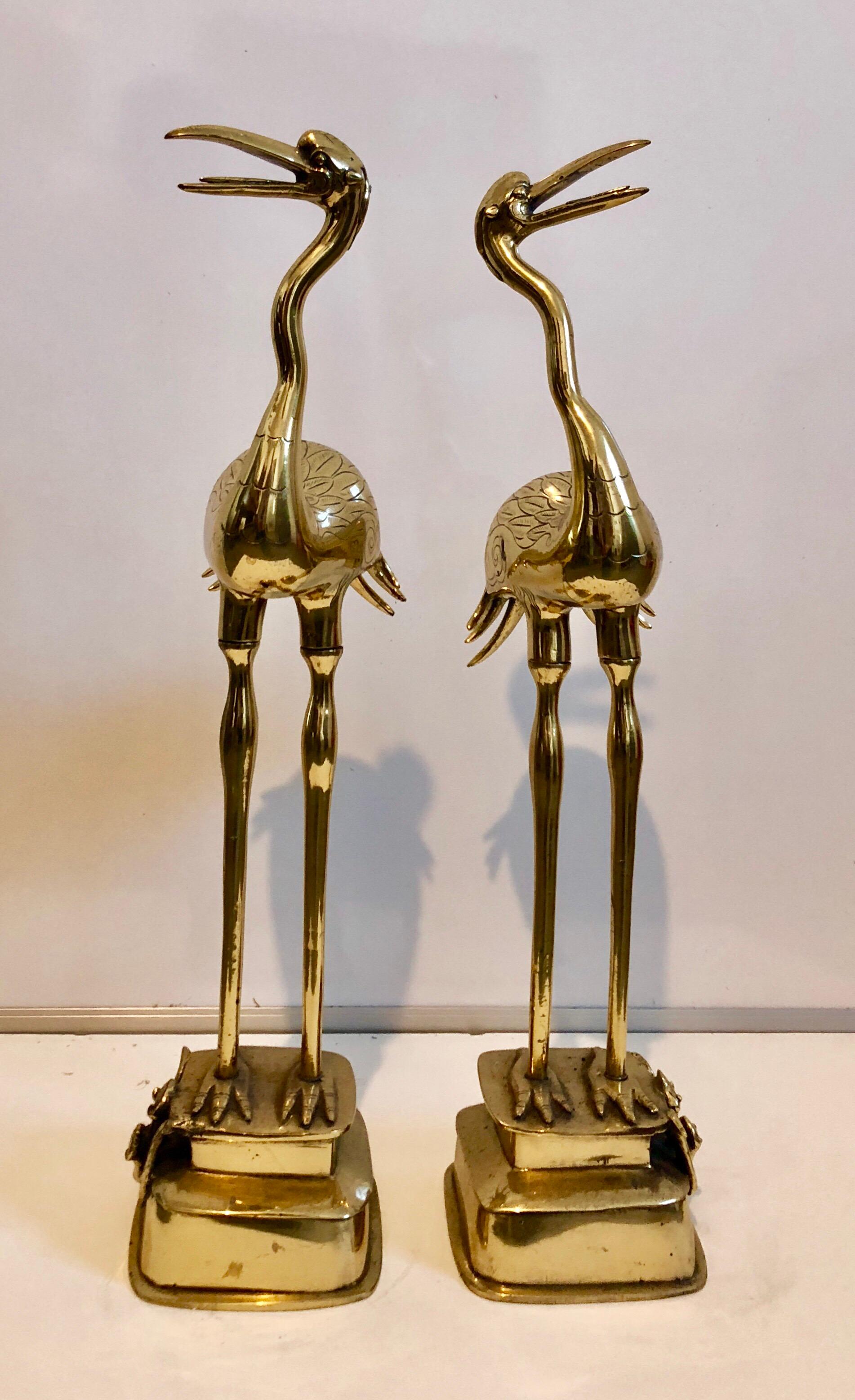 Pair Japanese 19th C. Polished Bronze Sculpture Cranes Pricket Candlesticks 1