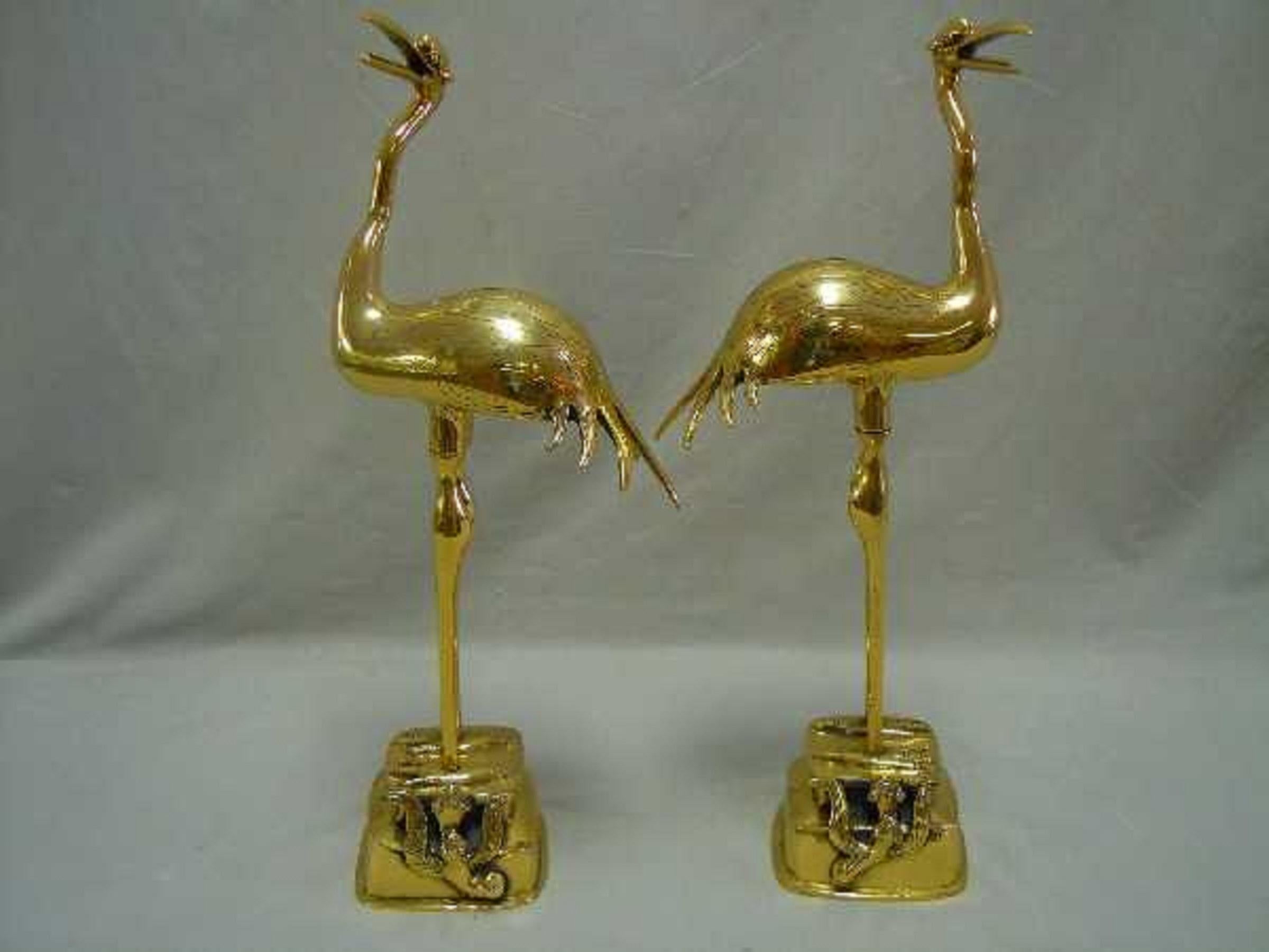 Pair Japanese 19th C. Polished Bronze Sculpture Cranes Pricket Candlesticks 2
