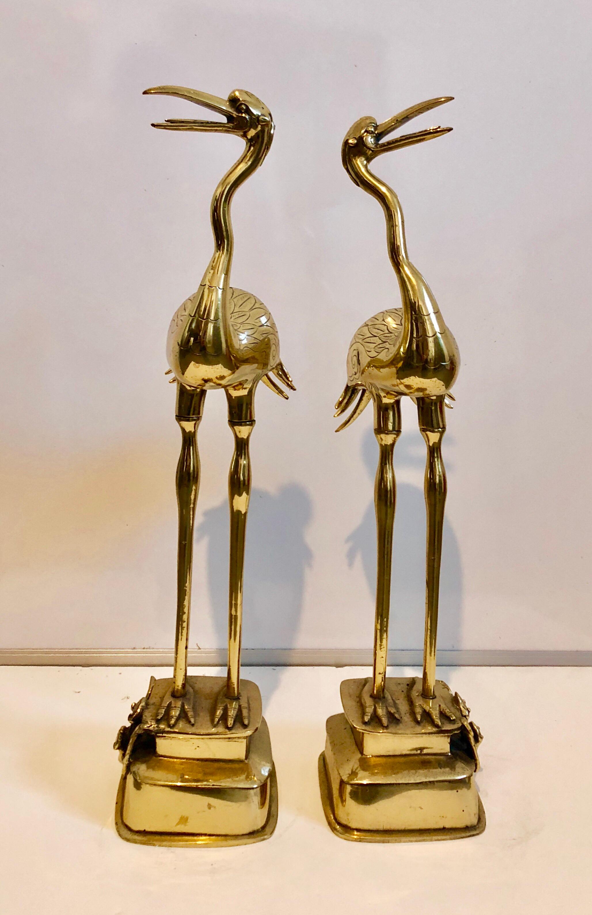 Pair Japanese 19th C. Polished Bronze Sculpture Cranes Pricket Candlesticks 5
