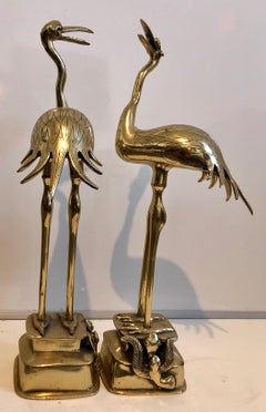 Antique Pair Japanese 19th C. Polished Bronze Sculpture Cranes Pricket Candlesticks