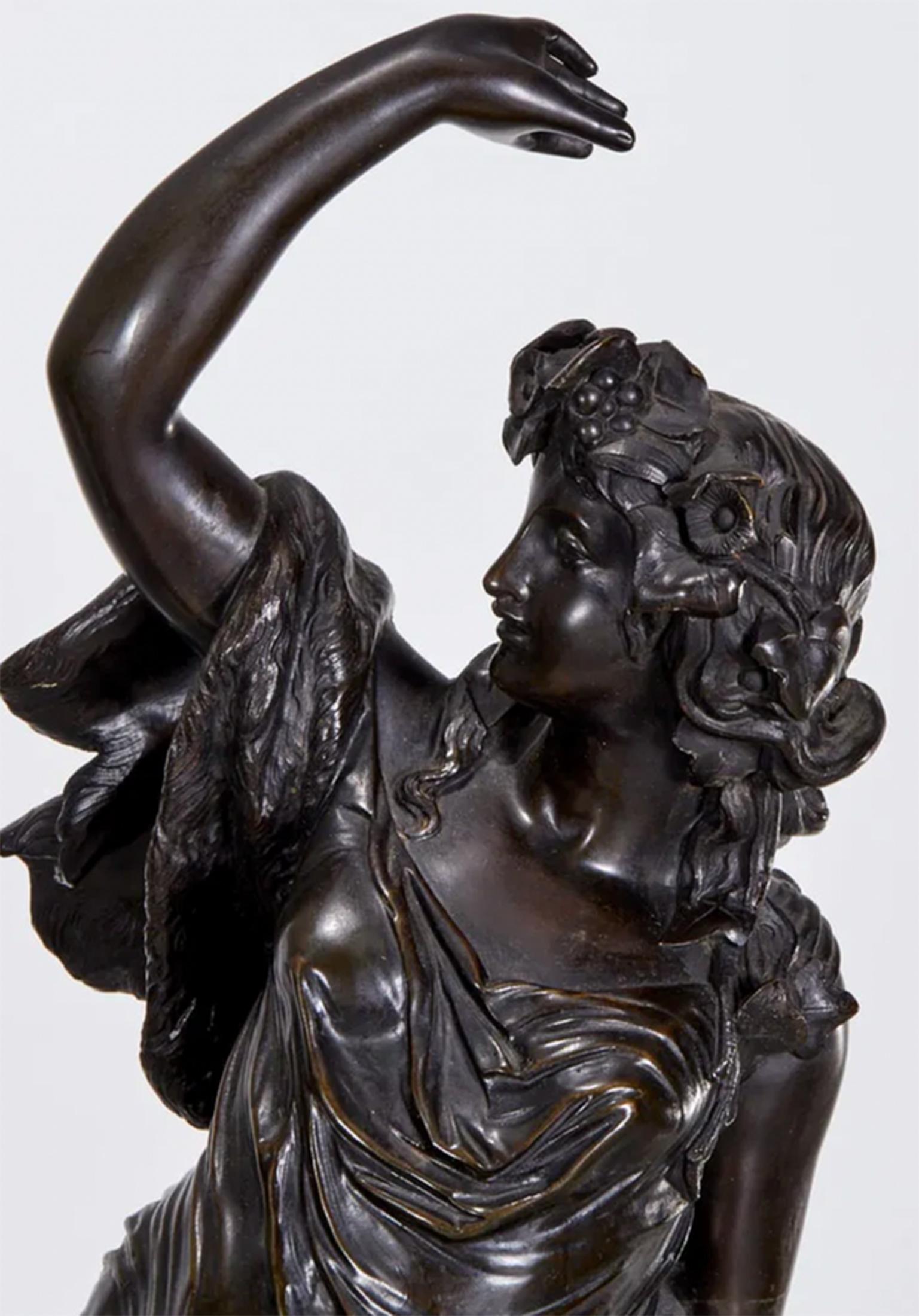 Exquisite Pair of Neoclassical bronze Bacchus and Bacchante figures cast in a dark patinated bronze. The pair rest on on white marble bases set with relief cast gilt plaques.

18th C.

French

24