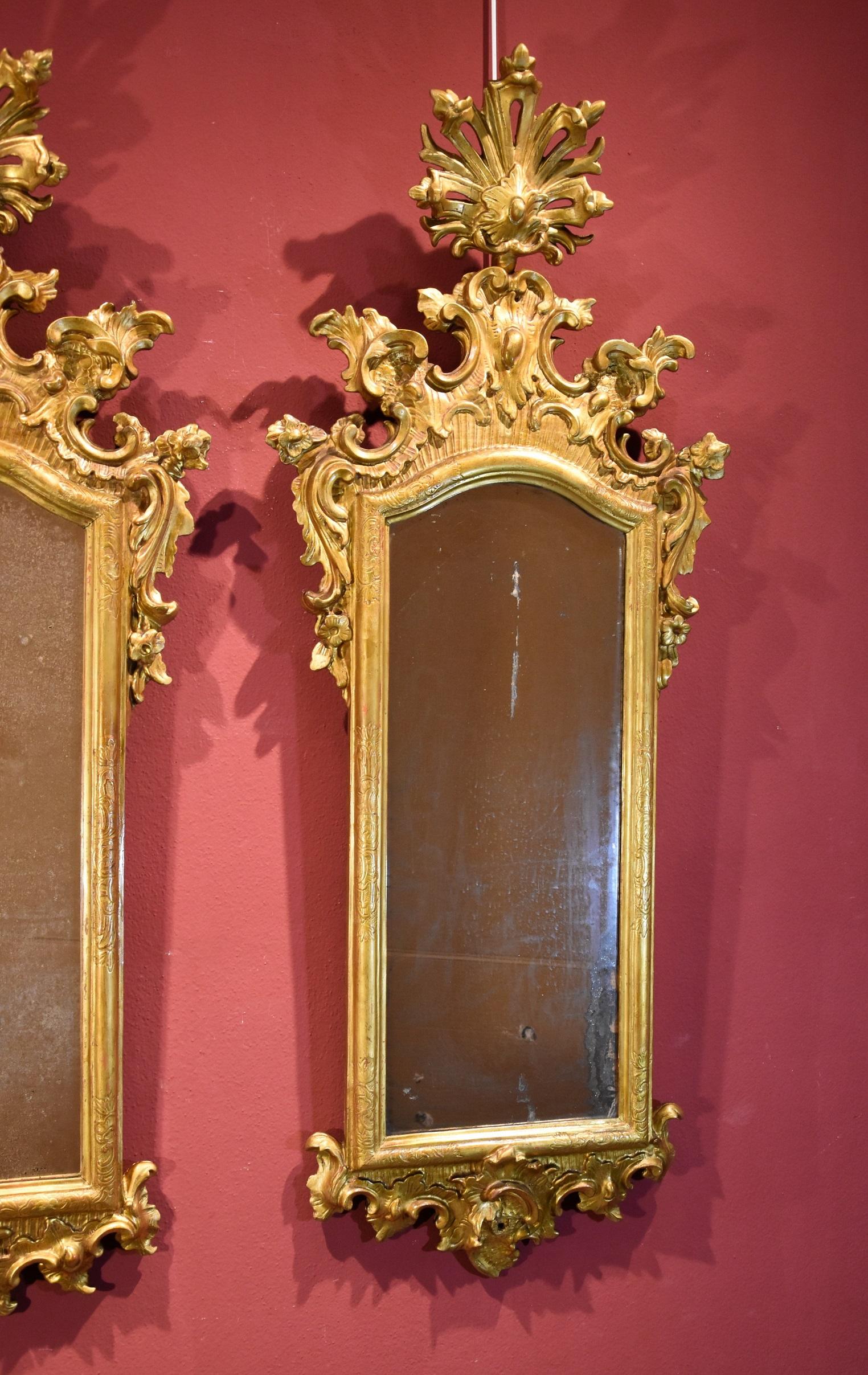 Pair Mirrors Venice 18th Century Height Cm. 130 Wood Gold Glass For Sale 1