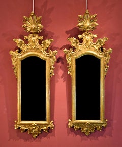 Pair Mirrors Venice 18th Century Height Cm. 130 Wood Gold Glass