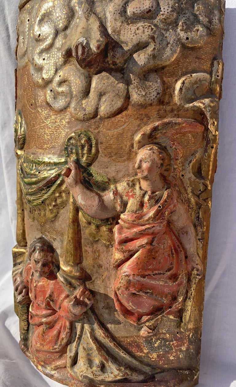 Pair of 17-18th century Italian wood sculptures - Virgin Reliefs - painted - Old Masters Sculpture by Unknown