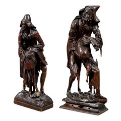 Coppia di sculture veneziane in legno intagliato del XVIII secolo, raffiguranti mendicanti, Venezia