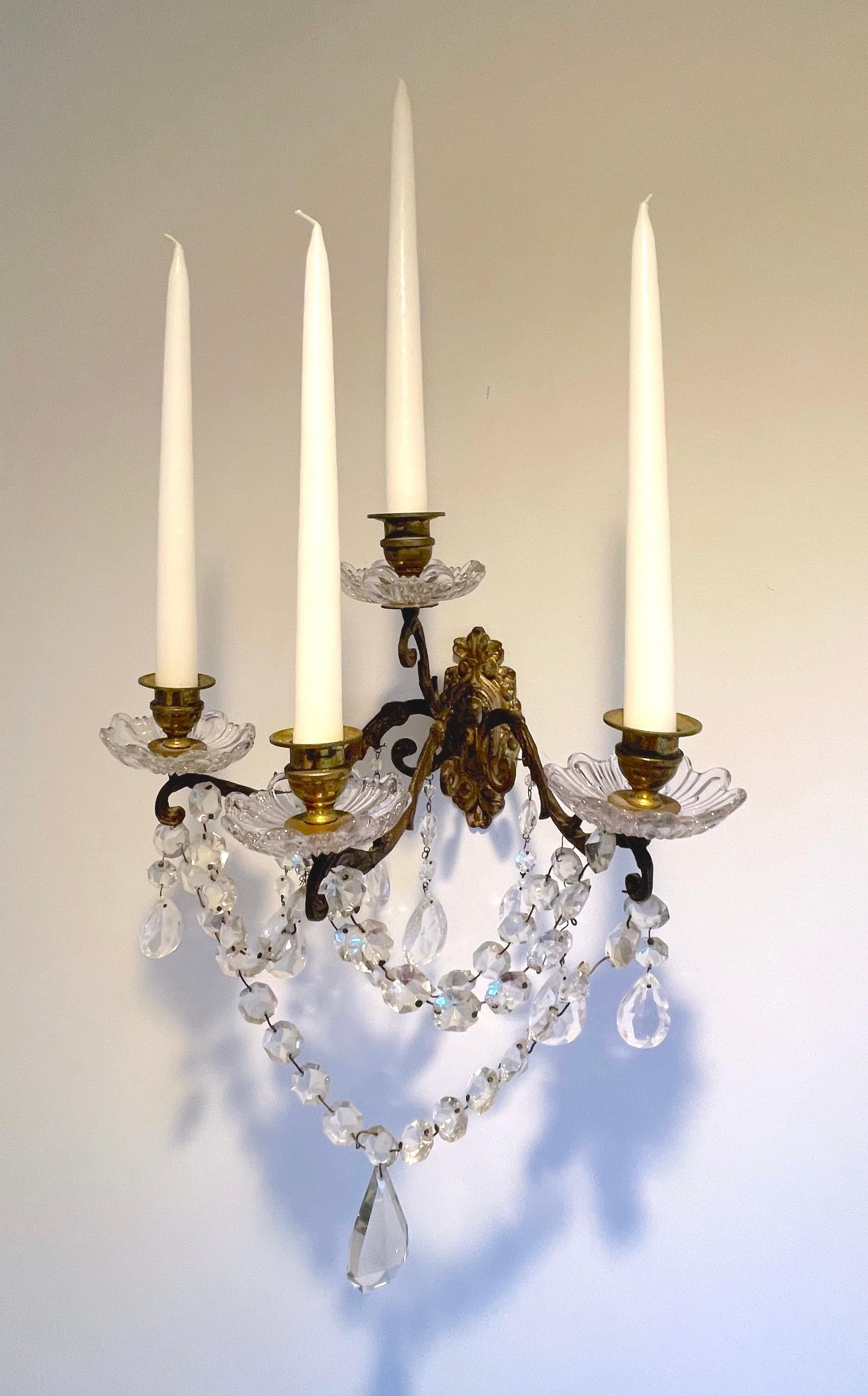 PAR DE Apliques Franceses de Ormolu y Cristal de Roca del S. XIX, antiguos, dorados