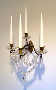 PAIR of 19th C French Ormolu & Rock Crystal Wall Sconces, Antique, gold toned