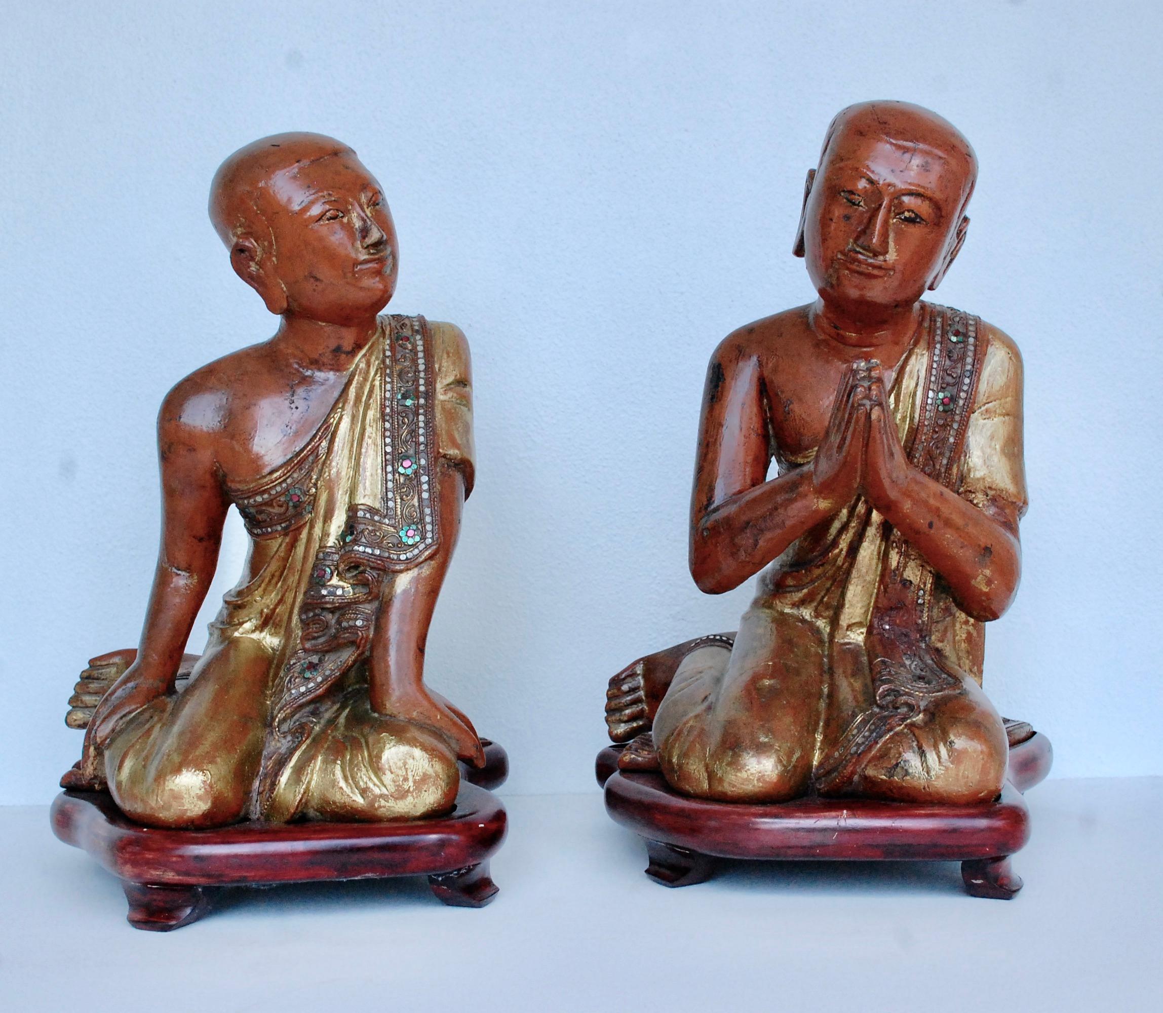 Pair of 19th Century Buddhist Monks  - Sculpture by Unknown