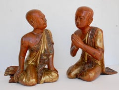 Pair of Antique Lacquer Wood Buddhist Monks