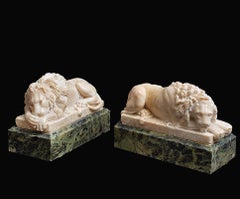 Pair of Alabaster Stone Lions & Marble Bases; Florence, Italy; Mid 19th Century 