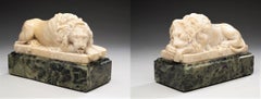 Antique Pair of Italian "Alabaster Stone Lions" after Antonio Canova; Mid 19th Century 