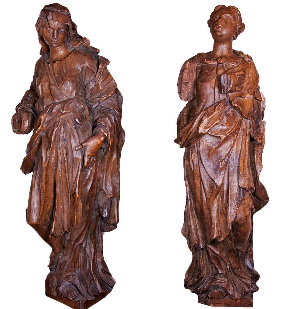 Unknown Figurative Sculpture - Pair Of Allegorical Figures In Oak, Circa 1730