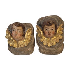 Pair of Angels Baroque Sculpture “Cherubim”, polychrome and gilded wood