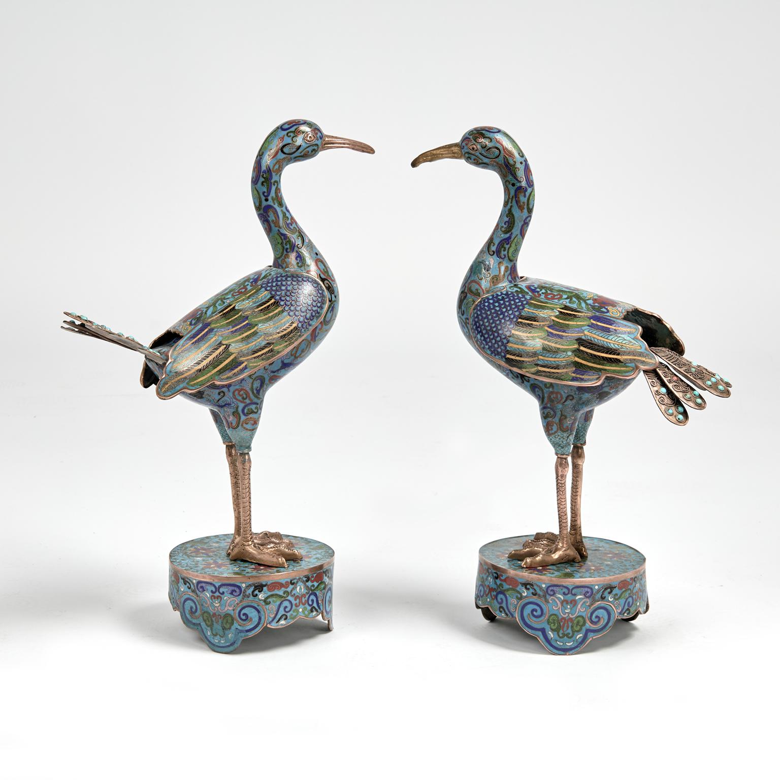 Coppia di antichi uccelli cinesi in cloisonne