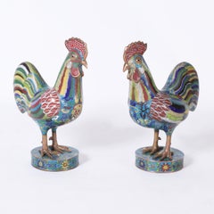 Pair of Antique Chinese Cloisonne Roosters