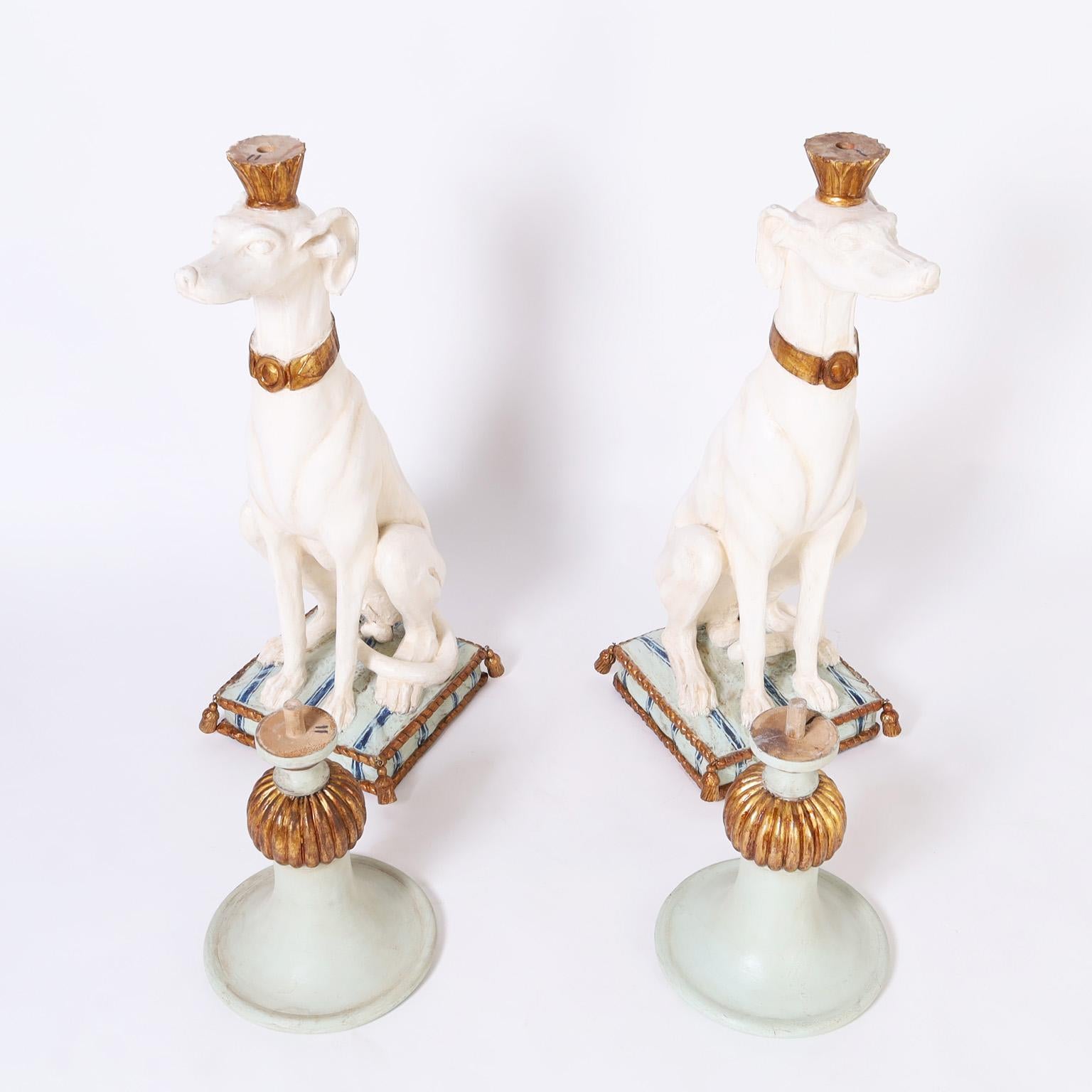 Pair of Antique Italian Parcel Gilt Carved Wood Whippet Sculptures with Urns 9