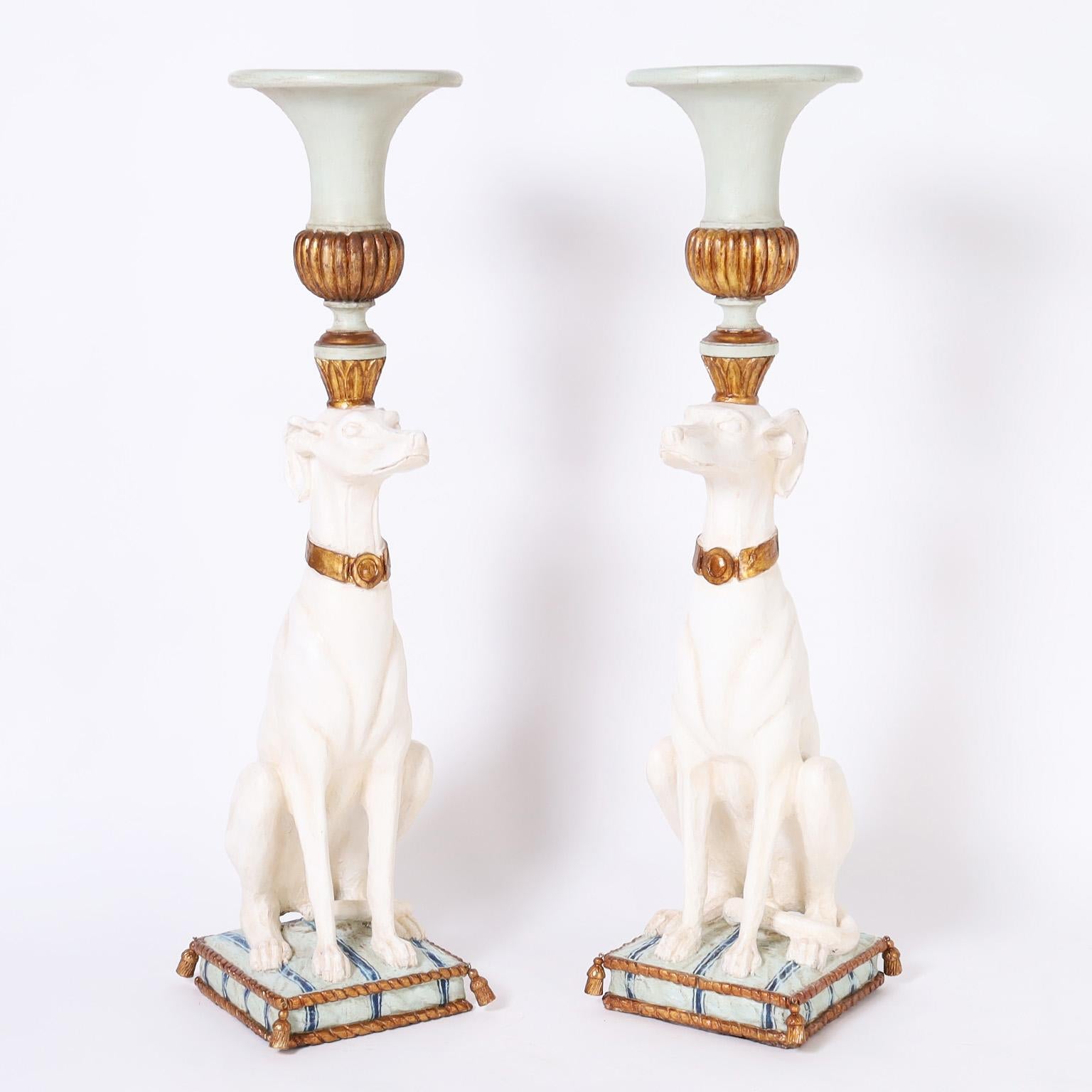 Pair of Antique Italian Parcel Gilt Carved Wood Whippet Sculptures with Urns 1