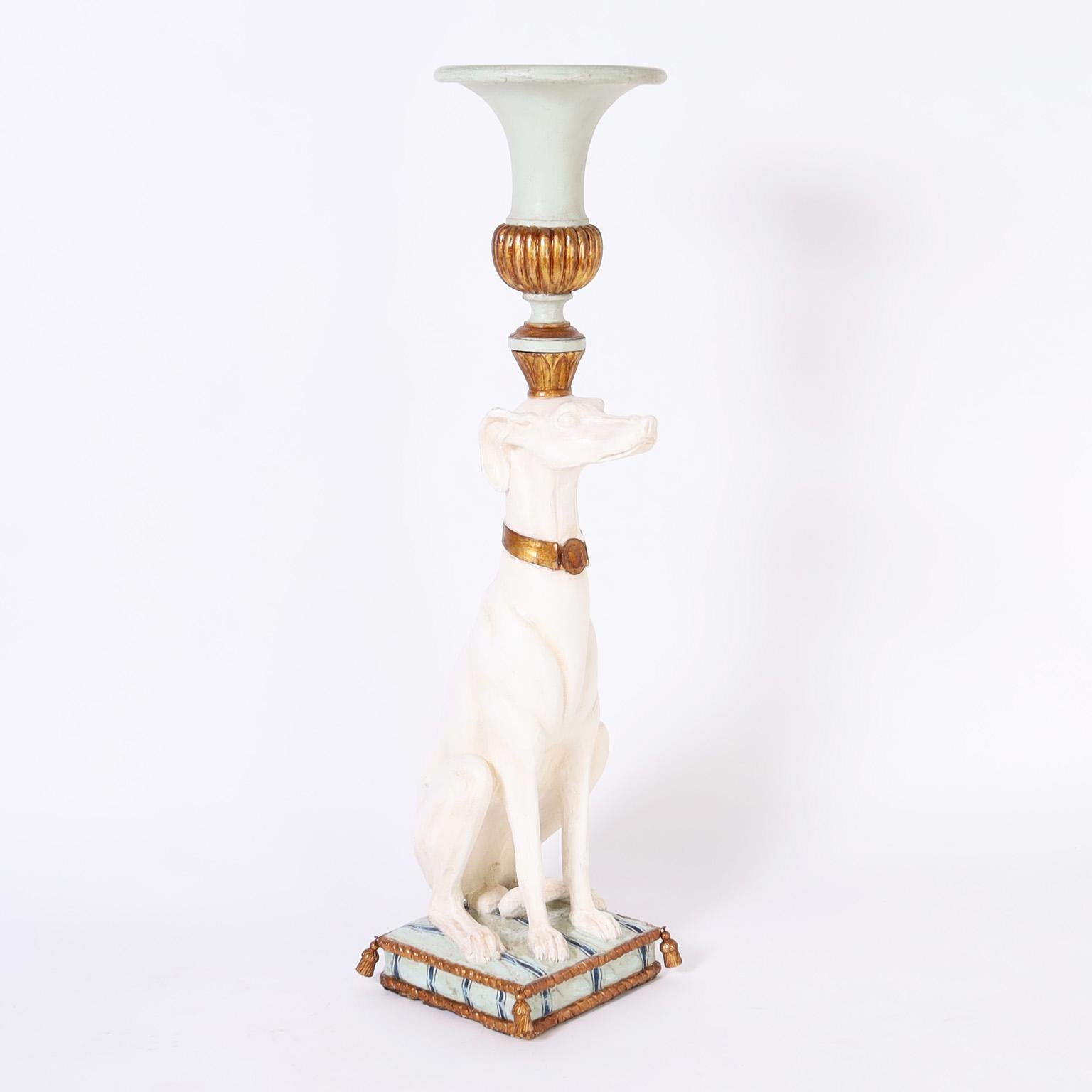 Pair of Antique Italian Parcel Gilt Carved Wood Whippet Sculptures with Urns 3