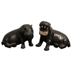 Pair of Brass Hippo Sculptures