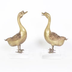 Antique Pair of Bronze Geese Sculptures
