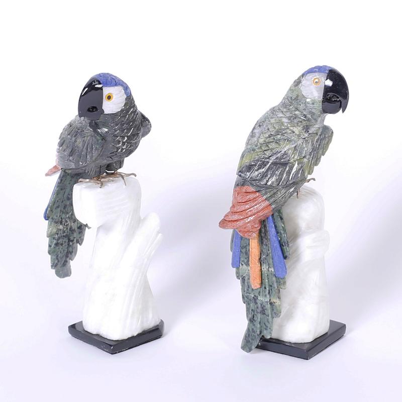 Pair of Carved Stone Parrots