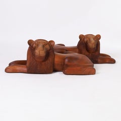 Pair of Carved Wood Lions from Minas Gerais