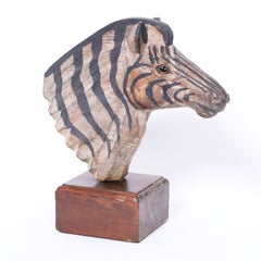 Pair of Carved Wood Zebra Head Sculptures