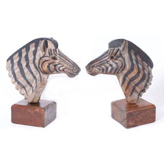 Pair of Carved Wood Zebra Head Sculptures
