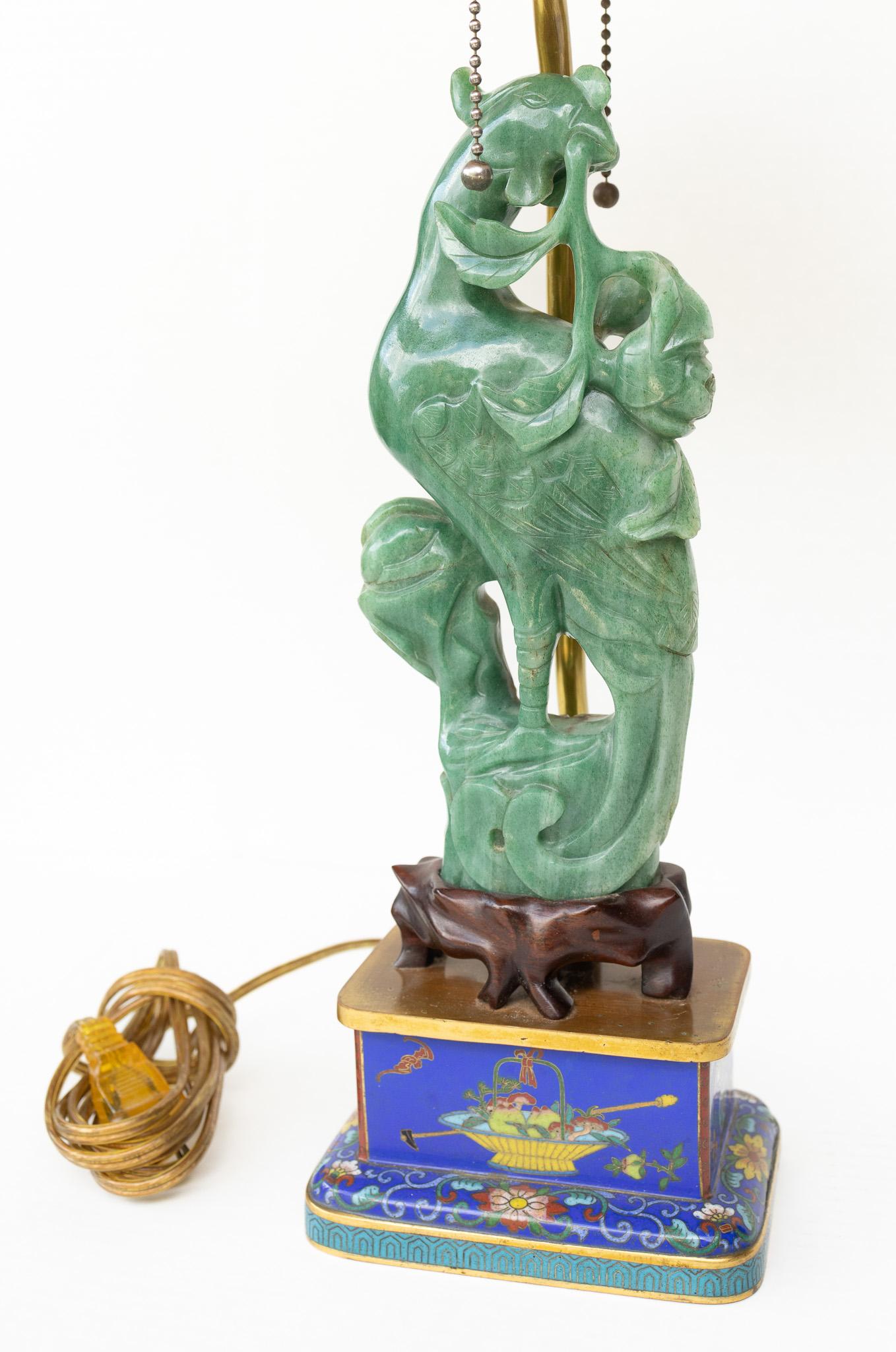 Pair of Chinese Lamps with Carved Aventurine Phoenixes, Jade Finials, Cloisonné For Sale 9
