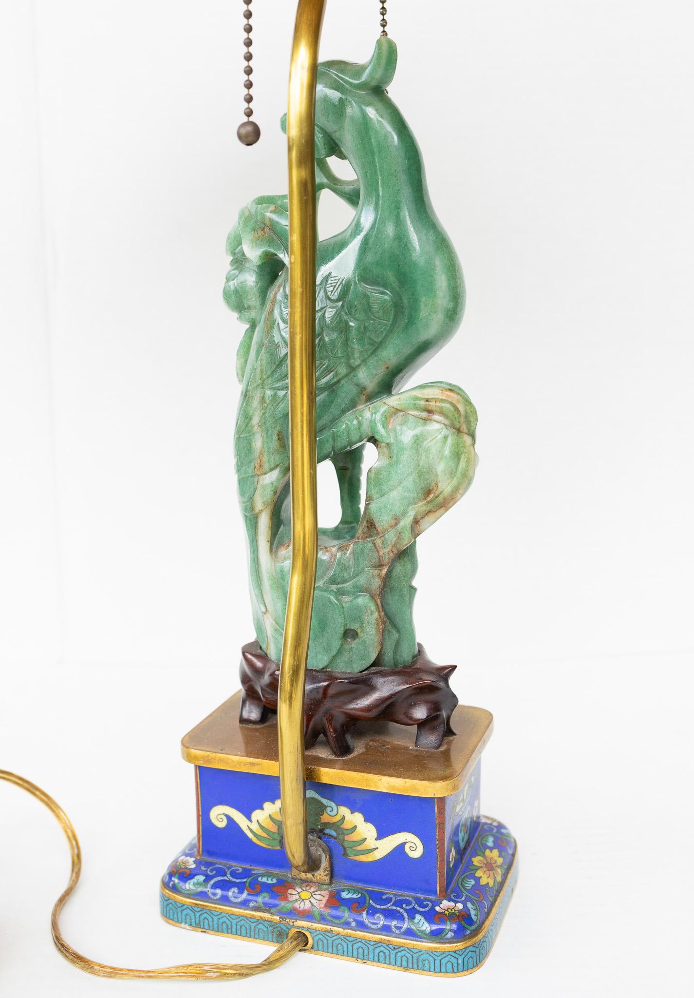 Pair of Chinese Lamps with Carved Aventurine Phoenixes, Jade Finials, Cloisonné For Sale 10