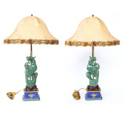 Vintage Pair of Chinese Lamps with Carved Aventurine Phoenixes, Jade Finials, Cloisonné