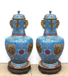 Pair of Chinese Cloisonne Tall Incense Urns (Censers)