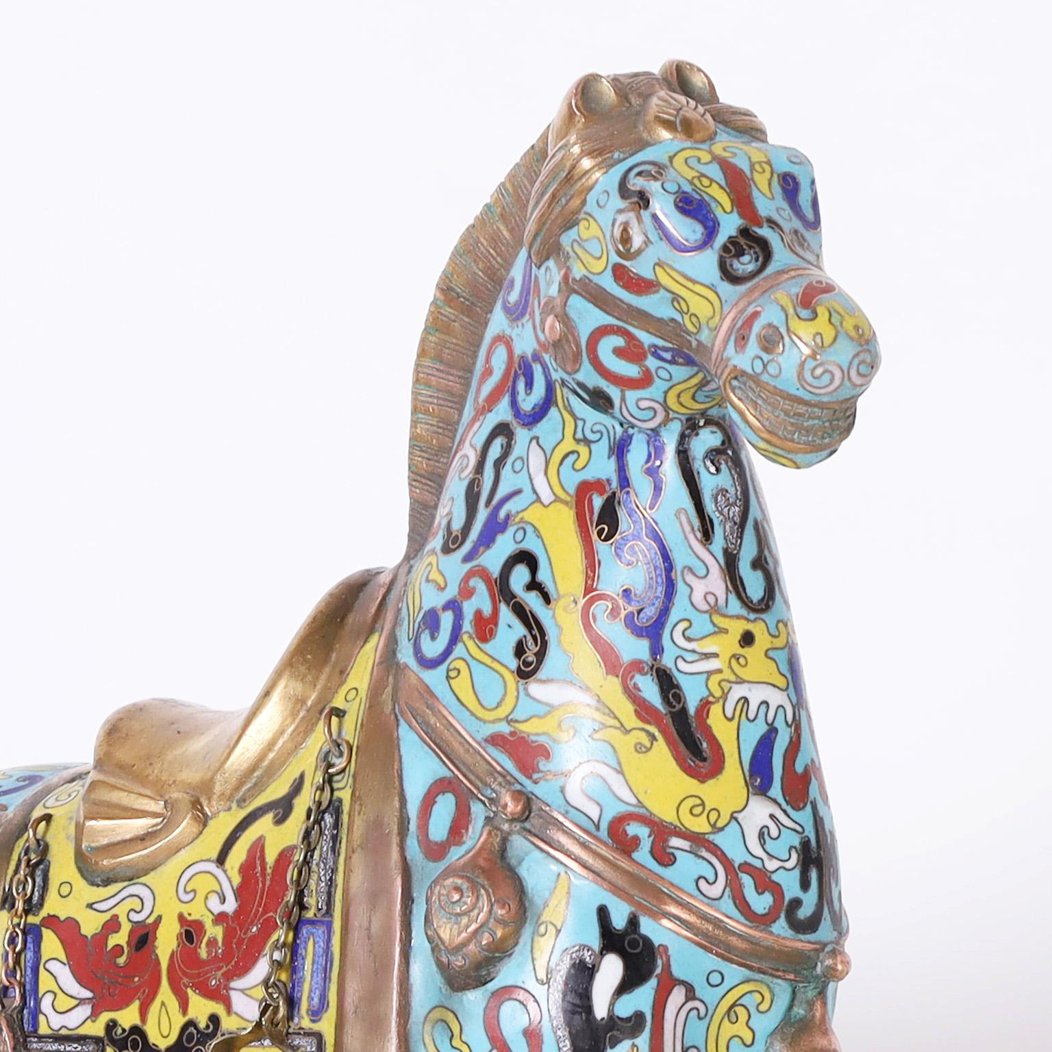 Pair of Cloisonné Tang Style Horse Sculptures For Sale 4