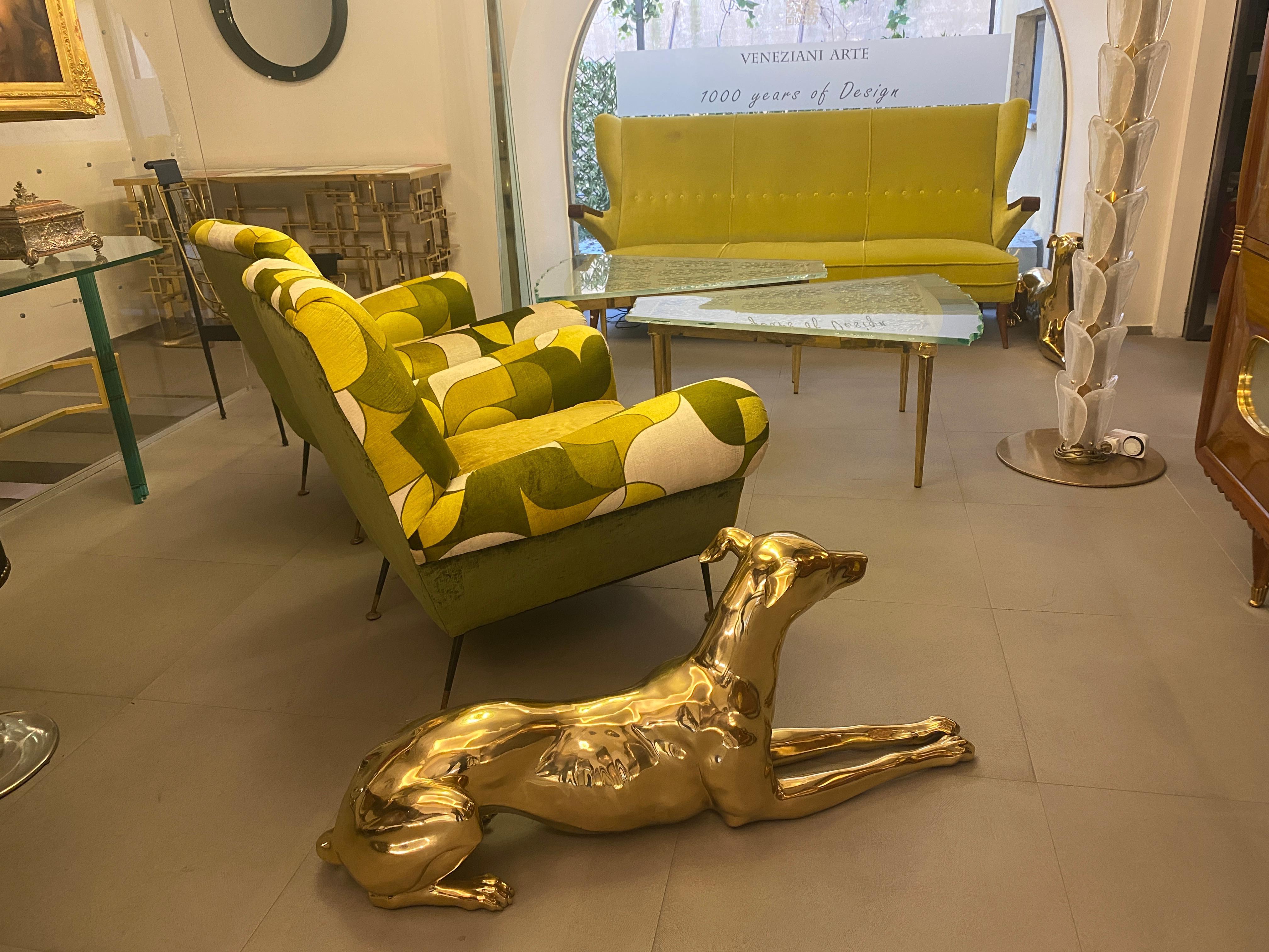 Fine pair of gilt bronze Greyhound dog sculptures. 
The item will be well-suited to either an indoor or outdoor setting.
 Excellent condition. 
