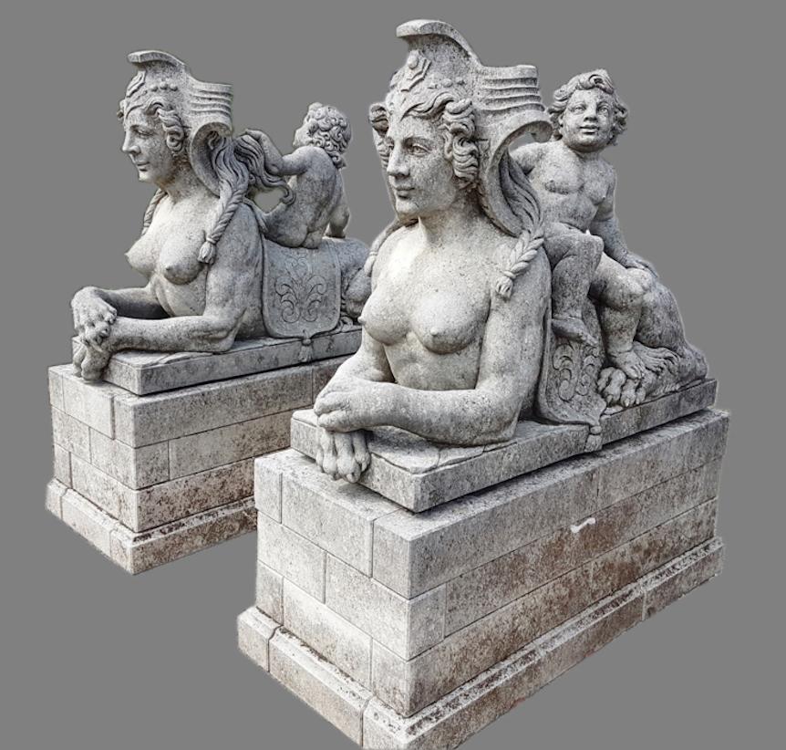 Pair of Exceptional Italian Sphinx Limestone Statues