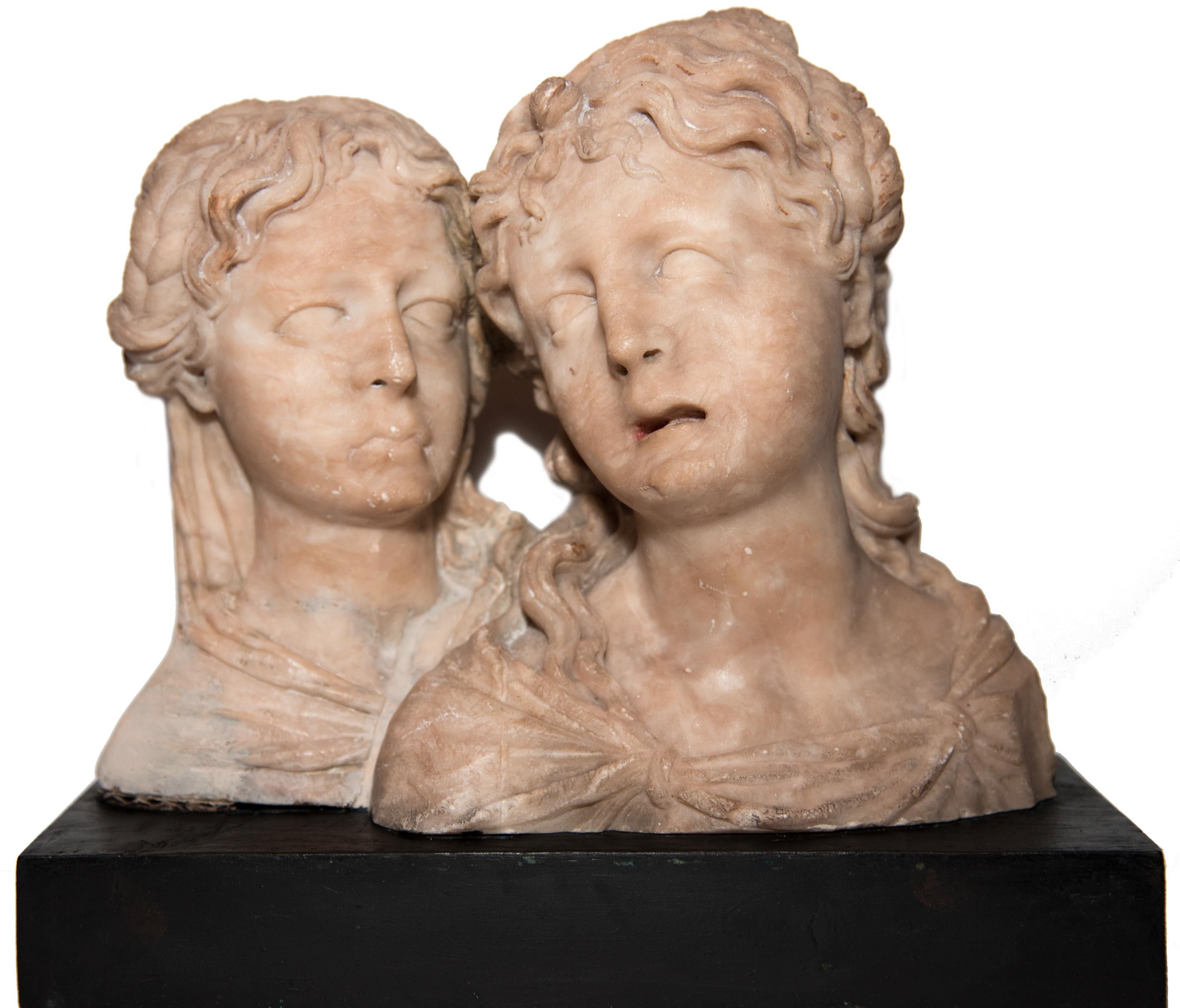 Unknown Figurative Sculpture - Pair of Female Busts In Alabaster, Southern Netherlands Circa 1550