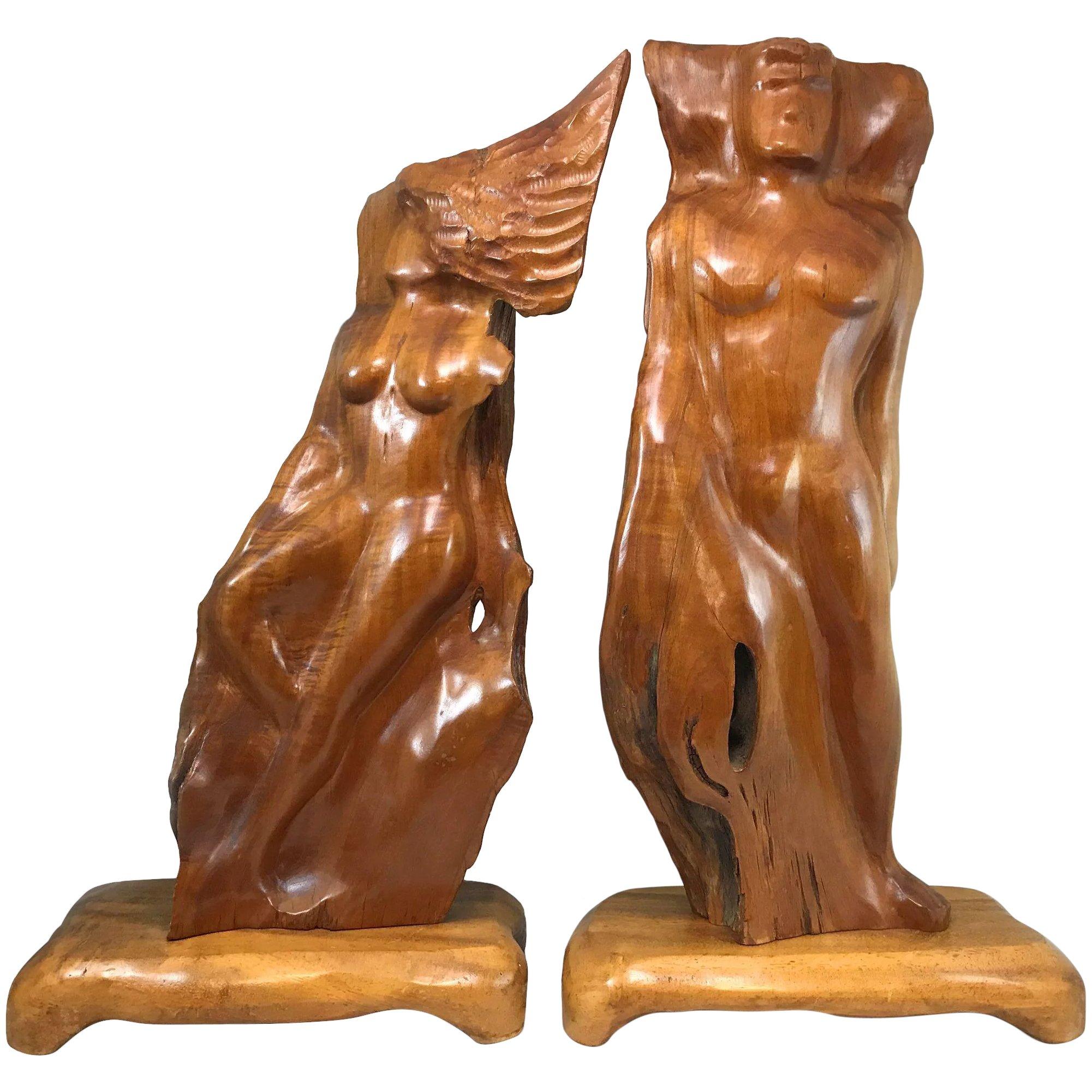 Unknown Figurative Sculpture - Pair of Figural Koa Wood Sculptures