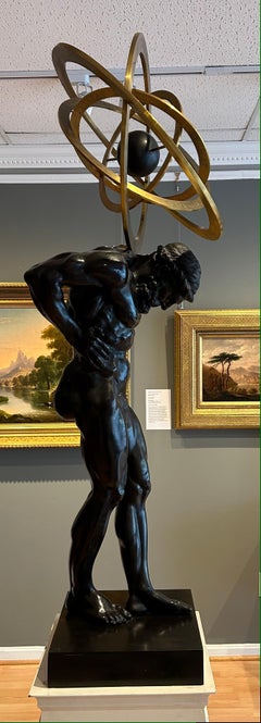 Coppia di sculture Atlante in bronzo della fine del XIX secolo con globo e sfera armillare